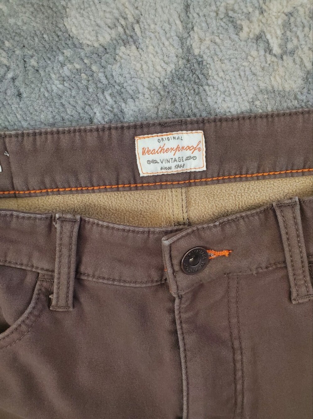 Weatherproof Brown Fleece Lined Pants with Orange Stitching Detail Size 36x30